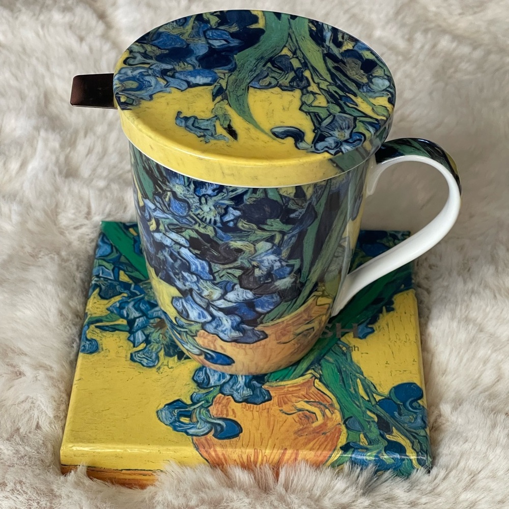 McIntosh Vincent Van Gogh Irises tea cup, strainer, lid new in box. Great gift!